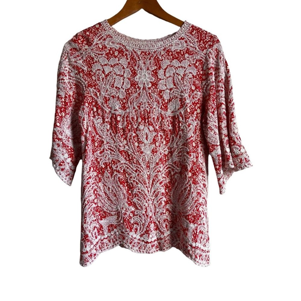 SOLITAIRE Red Embroidered Top Bohemian Floral Lace Size Medium 100% Rayon